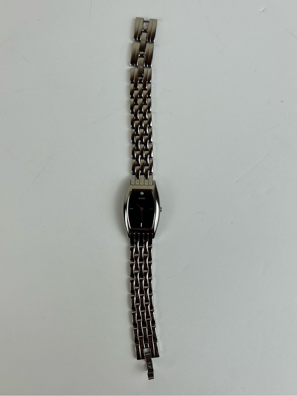 Guess Women's Silver Stainless Steel Watch Black Rectangular Dial Rhinestone